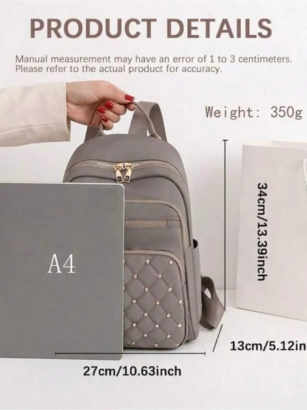 Stylish Quilted Grey Women's Backpack with Gold Hardware